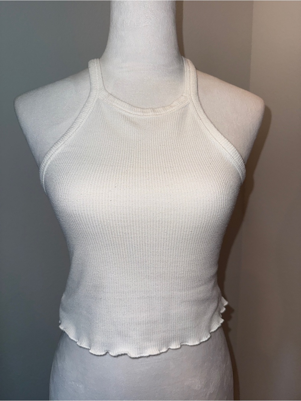 Forever 21 White Ribbed Halter Crop Tank with Lettuce Hem